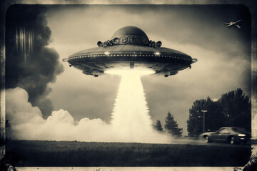 Fototapeta na wymiar Photorealistic ai artwork of UFO's in black and white. Generative ai.