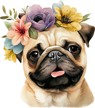 Cute Pug Dog Flowers Watercolor Illustration. Generative AI