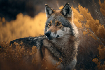 Photorealistic ai artwork of a wolf in nature at sunset. Generative ai.