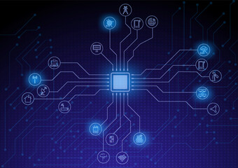 Telecom wireless circuit communication technology background. Dot blue digital electric integrated vector illustration.