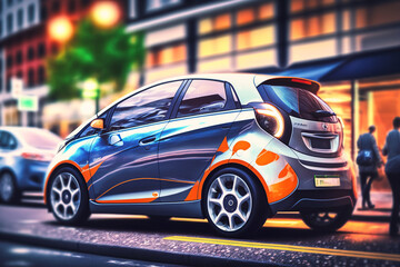 Eco friendly compact car.  Electric green energy transportation. City of the future, Eco buildings a lot of tree, greens, Clear energy. Generative ai.