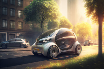 Eco friendly futuristic electric car .  Electric green energy transportation. City of the future, Eco buildings a lot of tree, greens, Clear energy. Generative ai.