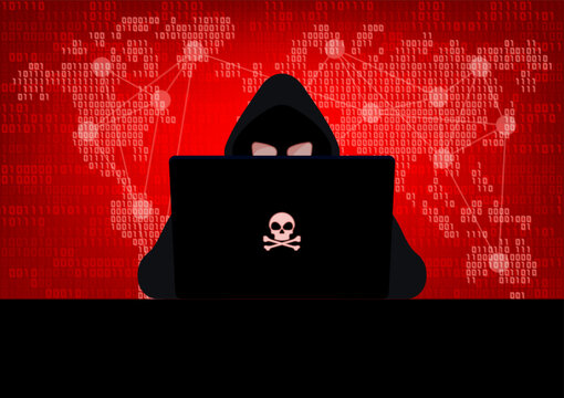 Silhouette of hacker wearing hood using laptop computer with glow in the dark red skull and crossbones logo in dark room on red binary code number with world map background