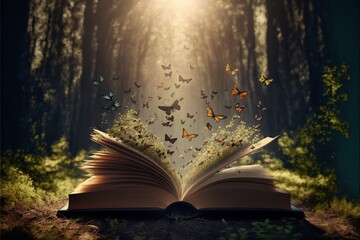 An open book with butterflies flying out of it against made with Generative AI