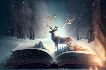 An open book with Santa reindeer flying out of it, winter made with Generative AI