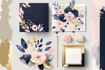 Arrangement. Navy blue blush pink ivory beige watercolor made with Generative AI