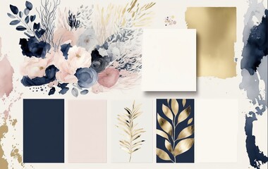 Arrangement. Navy blue blush pink ivory beige watercolor made with Generative AI
