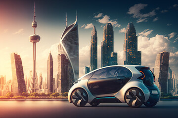 Eco friendly futuristic electric car .  Electric green energy transportation. City of the future, Eco buildings a lot of tree, greens, Clear energy. Generative ai.