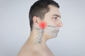 Schematic representation of pain in the jaw. Augmented reality. An x-ray of the jaw bone...