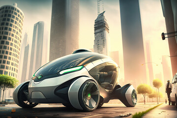 Eco friendly futuristic electric car .  Electric green energy transportation. City of the future, Eco buildings a lot of tree, greens, Clear energy. Generative ai.