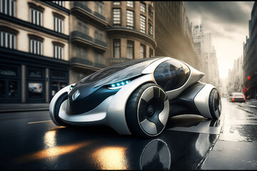 Eco friendly futuristic electric car .  Electric green energy transportation. City of the future, Eco buildings a lot of tree, greens, Clear energy. Generative ai.
