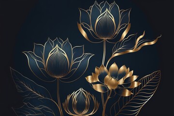 Golden lotus line arts on dark blue background made with Generative AI