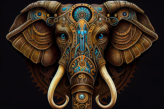 Logo of an Elephant, elephant head illustration in a fantasy steampunk aztec style.. Generative AI
