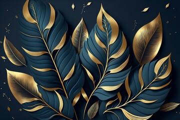 Luxury dark blue tropical leaves background with golden line made with Generative AI