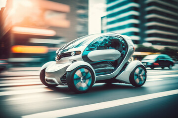 Eco friendly futuristic electric car .  Electric green energy transportation. City of the future, Eco buildings a lot of tree, greens, Clear energy. Generative ai.