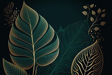 Luxury nature leaf background design with golden line arts made with Generative AI