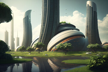 City of the future, Eco buildings a lot of tree, greens, Clear energy, wind and solar energy. Generative ai.