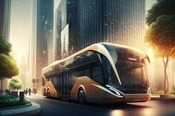 Eco friendly bus.  Electric green energy transportation. City of the future, Eco buildings a lot of tree, greens, Clear energy. Generative ai.