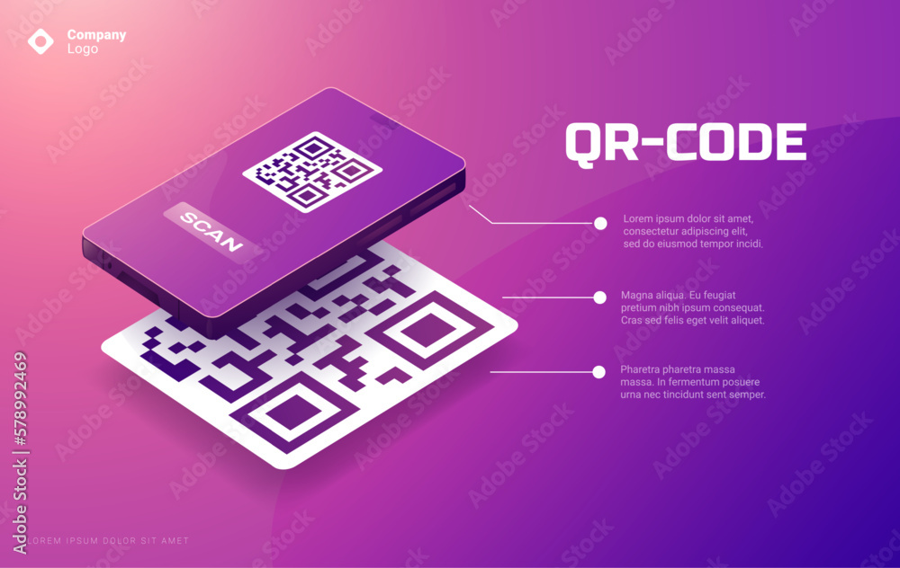 Poster qr code on phone. scan me coding for mobile app payment, isometric smartphone mock up with identific