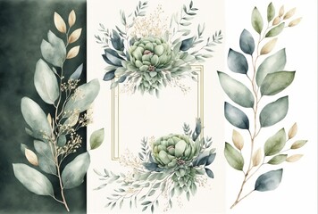 Watercolor floral illustration set white flowers green leaf made with Generative AI