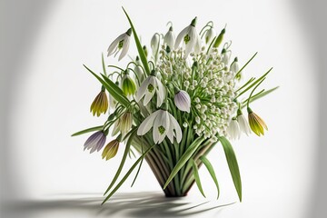 Women's day bouquet of snowdrops on a white background spring made with Generative AI