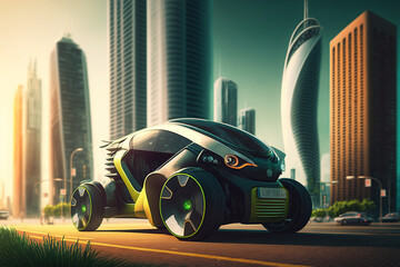 Eco friendly futuristic electric car .  Electric green energy transportation. City of the future, Eco buildings a lot of tree, greens, Clear energy. Generative ai.