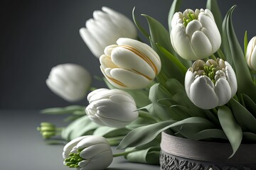 Obraz premium Women's day Easter white tulips on gray background
