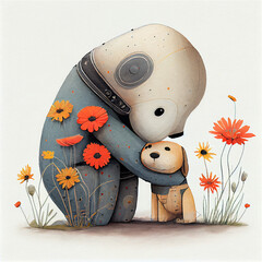 A big dog hugs a small puppy on a light background .Postcard illustration .Generative Aİ