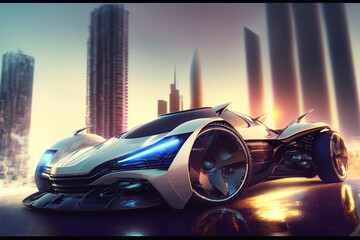 Eco friendly super car.  Electric green energy transportation. City of the future, Eco buildings a lot of tree, greens, Clear energy. Generative ai.