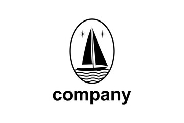 Boat with Stars for Sailing at Night, Fisherman Sailboat on the Ocean Sea Wave Silhouette logo design