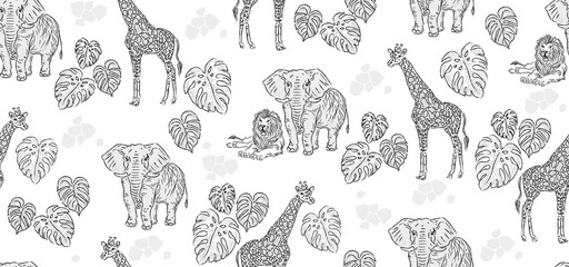 Fashionable beautiful textile seamless pattern with linear graffiti lines silhouettes strokes in the theme of African animals elephant, giraffe, lion.