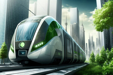 Eco friendly future train.  Electric green energy transportation. City of the future, Eco buildings a lot of tree, greens, Clear energy. Generative ai.