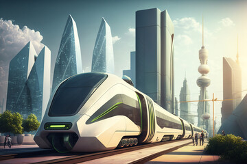 Eco friendly future train.  Electric green energy transportation. City of the future, Eco buildings a lot of tree, greens, Clear energy. Generative ai.