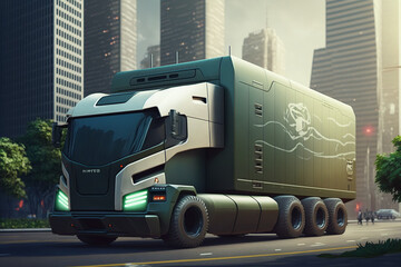 Eco friendly truck.  Electric green energy transportation. City of the future, Eco buildings, greens, Clear energy. Generative ai.