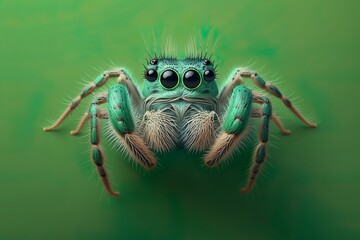 Green jumping spider. Close up portrait. Generative AI