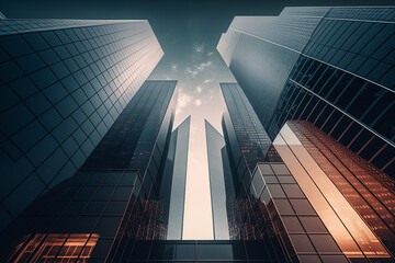 Tall glass buildings, modern office, low angle, golden hour. Generative ai.