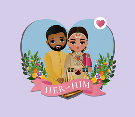 Bride and groom cute couple in traditional indian dress cartoon character