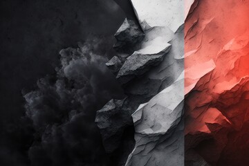 A minimal graphic design wallpaper on a charcoal background. Stones, black and red graphics. AI generation