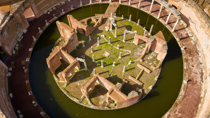 Aerial view of the Maritime theatre in Hadrian's Villa. Villa Adriana is a World Heritage comprising archaeological remains of a complex built by Roman Emperor Hadrian at Tivoli, near Rome, Italy.