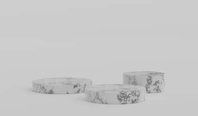 White Marble Geometric Round Podium Platform Studio Scene Stand Grey Background Show Cosmetic Bottle Beauty Products Three Stage Showcase On Pedestal Display Workshop Mockup Realistic 3D Illustration