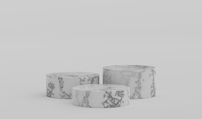 White Marble Geometric Round Podium Platform Studio Scene Stand Grey Background Show Cosmetic Bottle Beauty Products Three Stage Showcase On Pedestal Display Workshop Mockup Realistic 3D Illustration