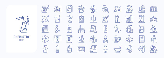 A collection sheet of outline icons for Chemistry and experiment including icons like research, equipment and toxicologist - obrazy, fototapety, plakaty