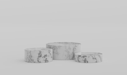 White Marble Geometric Round Podium Platform Studio Scene Stand Grey Background Show Cosmetic Bottle Beauty Products Three Stage Showcase On Pedestal Display Workshop Mockup Realistic 3D Illustration