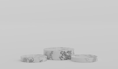 White Marble Geometric Round Podium Platform Studio Scene Stand Grey Background Show Cosmetic Bottle Beauty Products Three Stage Showcase On Pedestal Display Workshop Mockup Realistic 3D Illustration