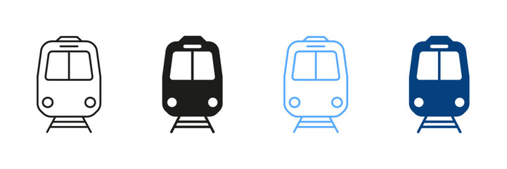 Train Line And Silhouette Color Icons Set. Railway Station Pictograms. City Electric Public Transportation Sign Collection, Freight Locomotive Outlines And Solid Symbol. Isolated Vector Illustrations - obrazy, fototapety, plakaty