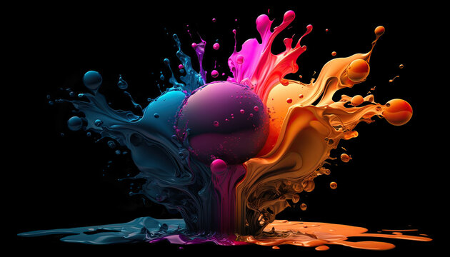 Color explosion. Colorful rainbow of metallic paint splash isolated on black background. Generative AI