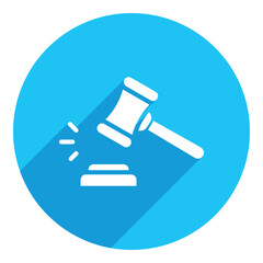 Auction hammer, gavel symbol. flat icon. long shadow design. blue background.
