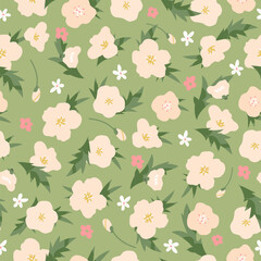 Cute buttercup ranunculus flowers seamless pattern on green background. Ditsy Spring Floral background for fashion prints, greeting card, fabric, wallpaper or wrapping paper