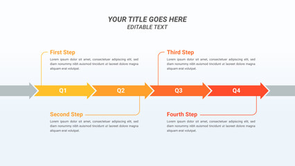 Arrow Timeline Infographic Presentation Template with Four Quarters Options or Steps for One Year Forecast, Business Presentations, Finance Reports, Business Planning, and Yearly Reports.