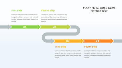 Arrow Timeline Infographic Presentation Template with Four Quarters Options or Steps for One Year Forecast, Business Presentations, Finance Reports, Business Planning, and Yearly Reports.